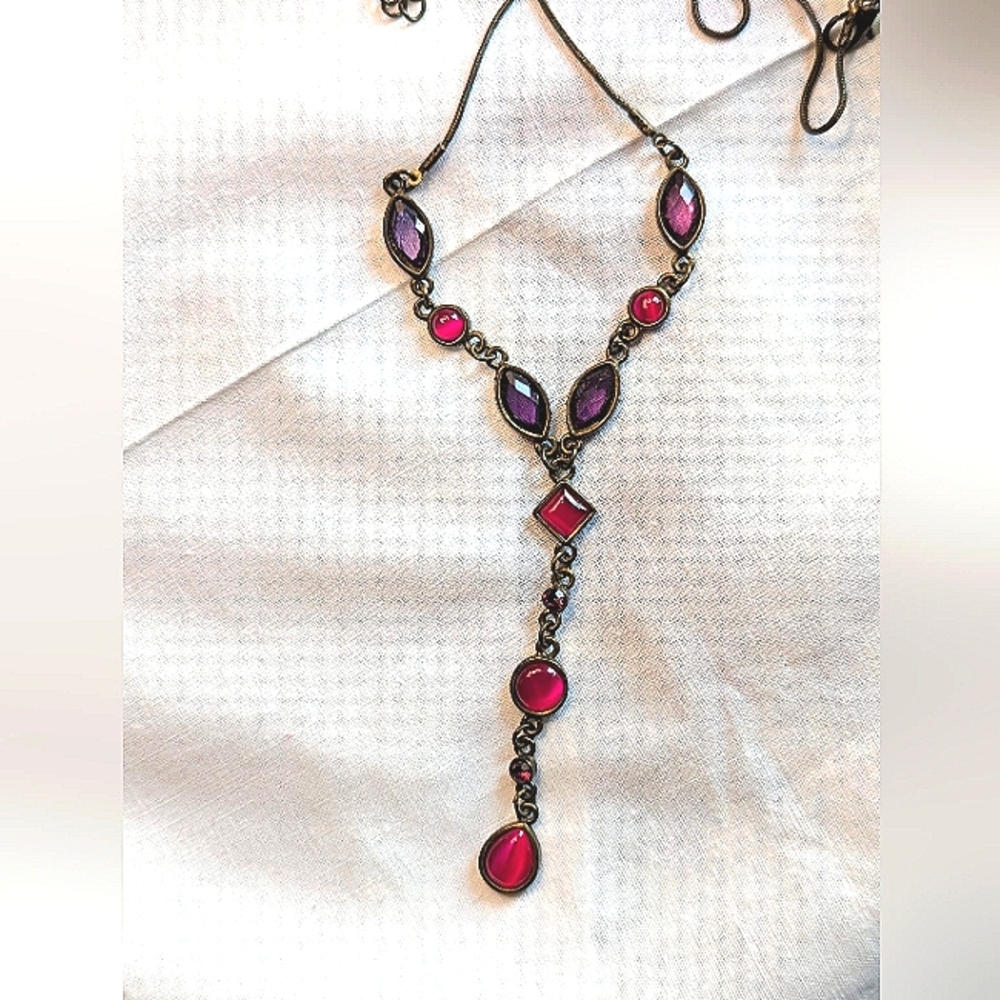 Vintage Bronze Tone Necklace With Pink and Purple Stones